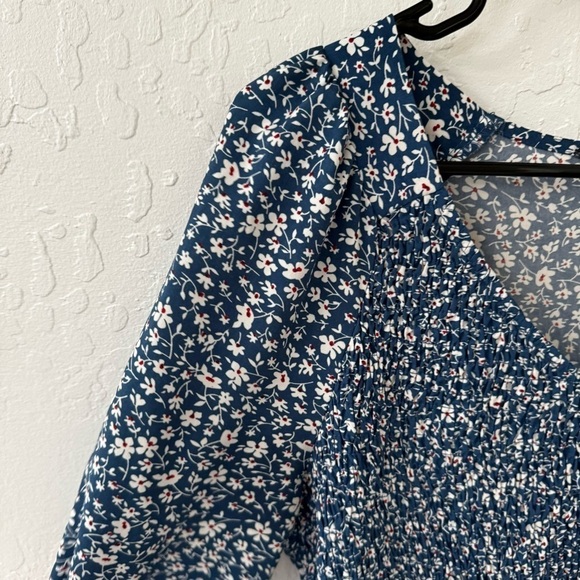 Blue Red Ditsy Floral V Neck Smocked Waist Ruffle Elastic Cuff Midi Dress - Picture 3 of 10